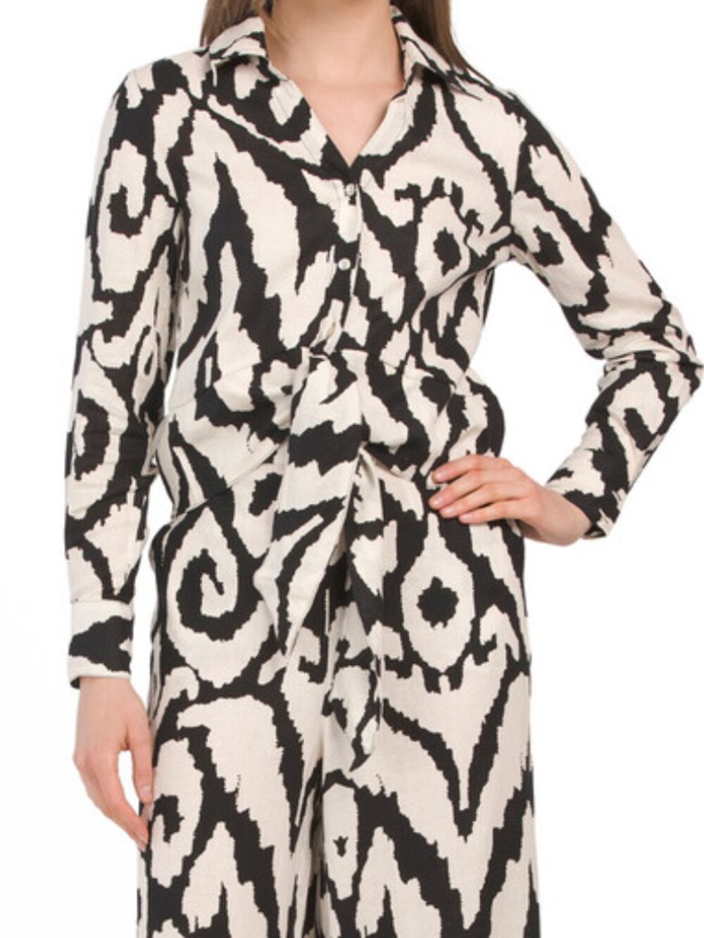 RACHEL ZOE 2 Piece Linen Blend Black White Damask Print Pant Set M/L - Picture 2 of 10